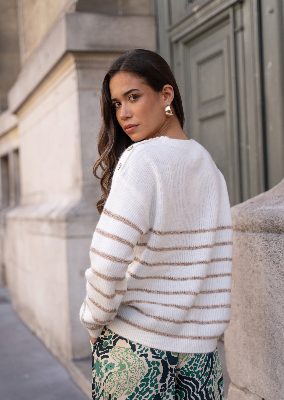 Striped Knit with Flower-Buttons