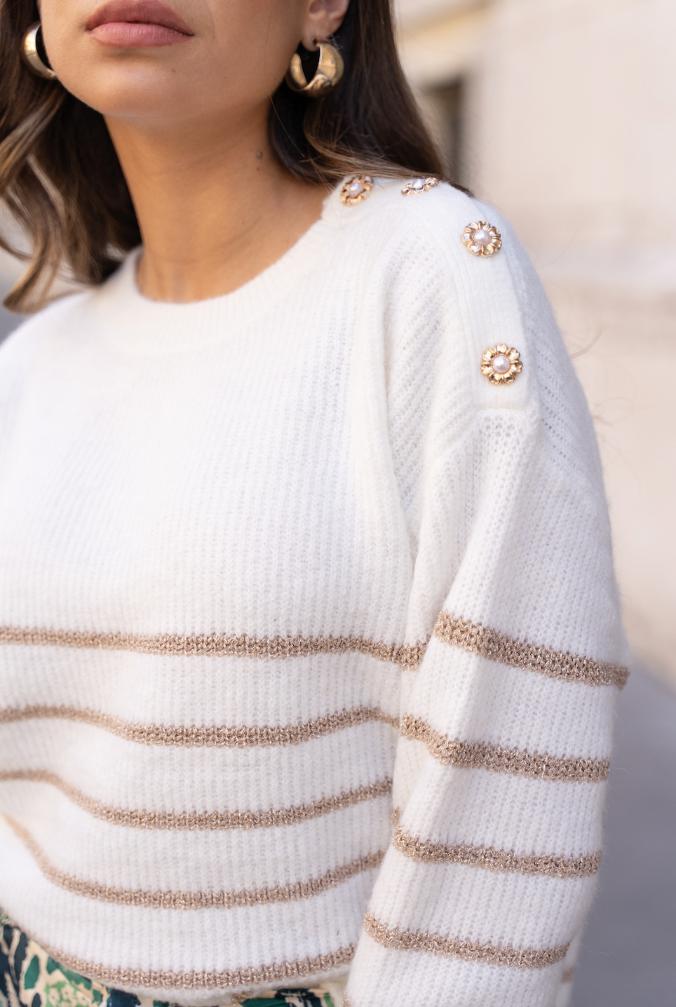 Striped Knit with Flower-Buttons