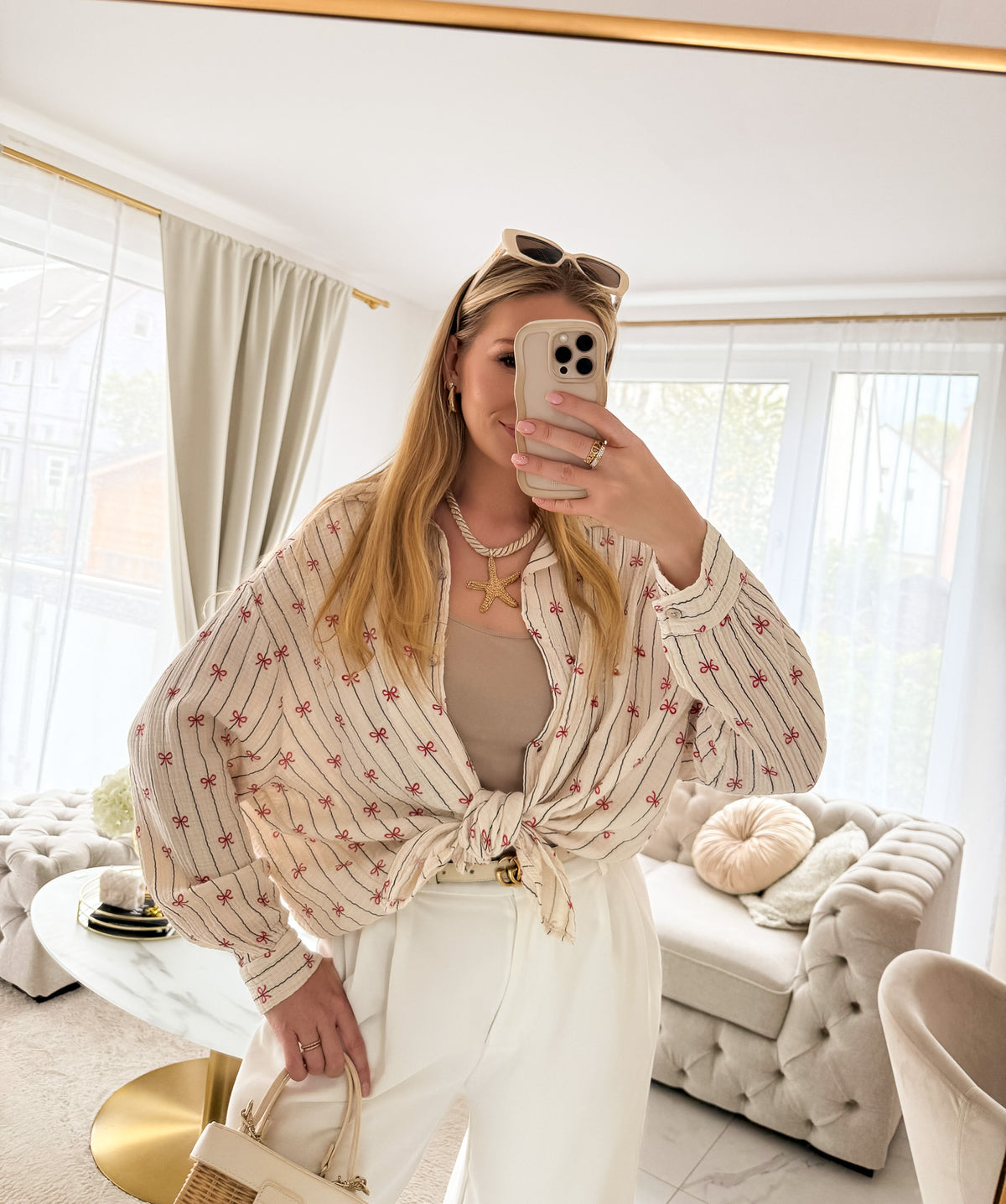 Musselin Bluse Schleifchen – Creme